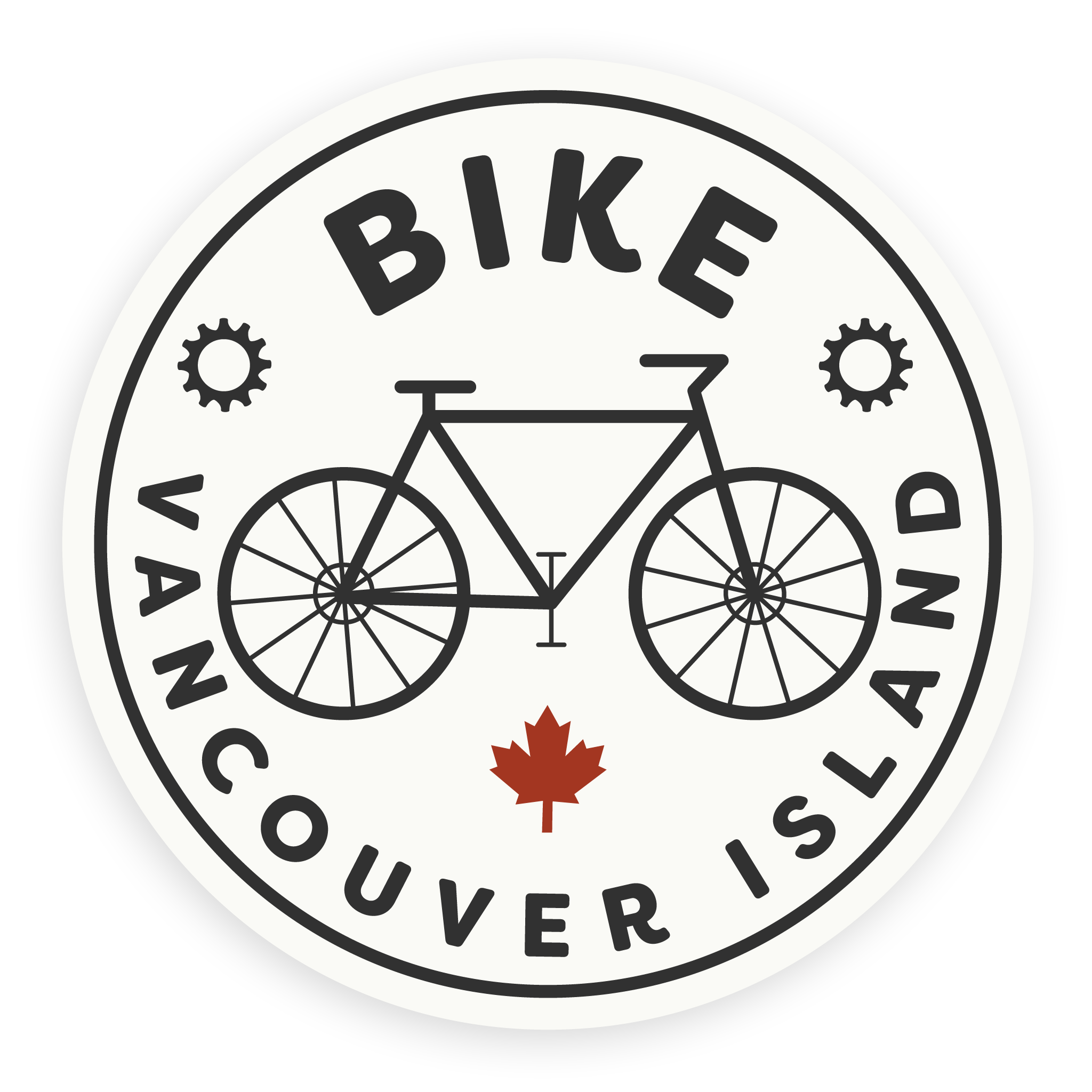 Bicycle sticker a black and white line drawing of a bike and the words 'Bike Vancouver Island' on a white background with a small red maple leaf.