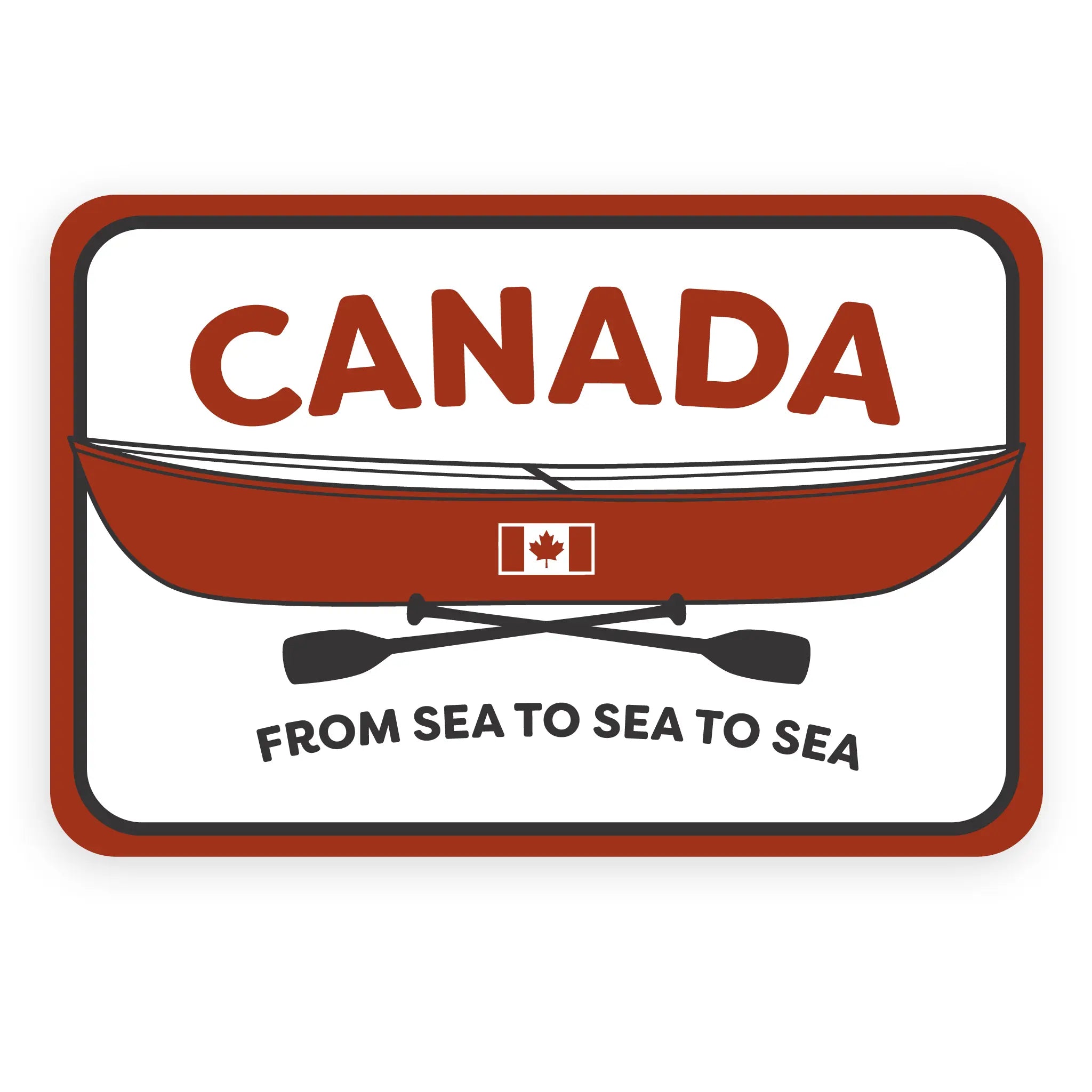 Canada sticker with the word 'Canada' and an illustration of a red canoe with a Canadian flag, two crossed paddles and the phrase 'from sea to sea to sea'.