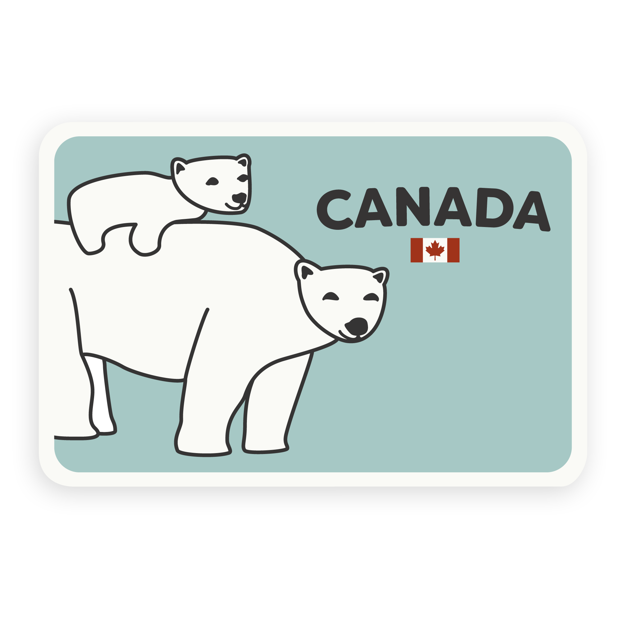 Polar bear sticker with the name 'Canada' and a small Canadian flag on a light blue background.