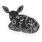 Black and white, fawn sticker with a whimsical illustration of a Black-tailed deer from Vancouver Island artist The Handcrafted Story.