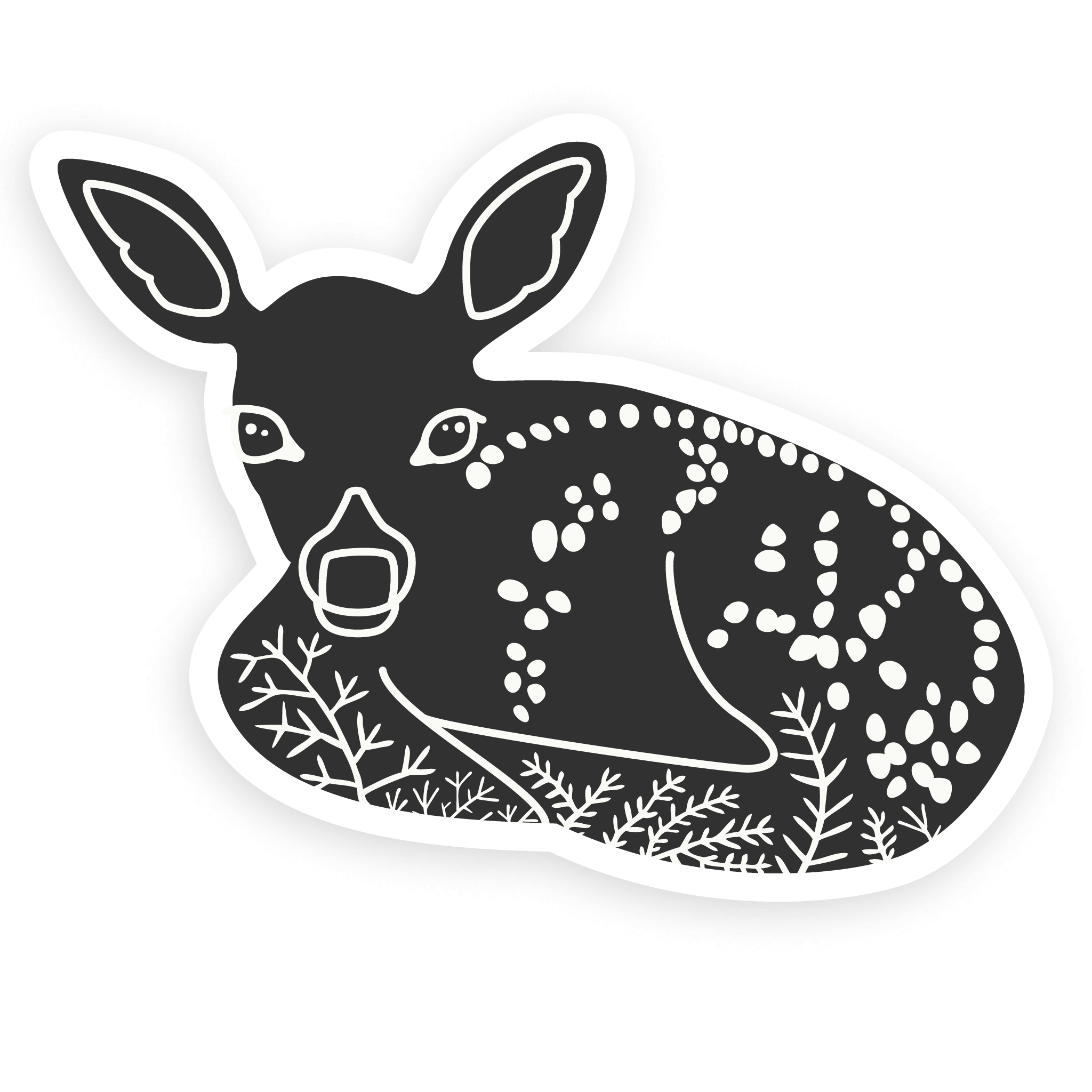 Black and white, fawn sticker with a whimsical illustration of a Black-tailed deer from Vancouver Island artist The Handcrafted Story.