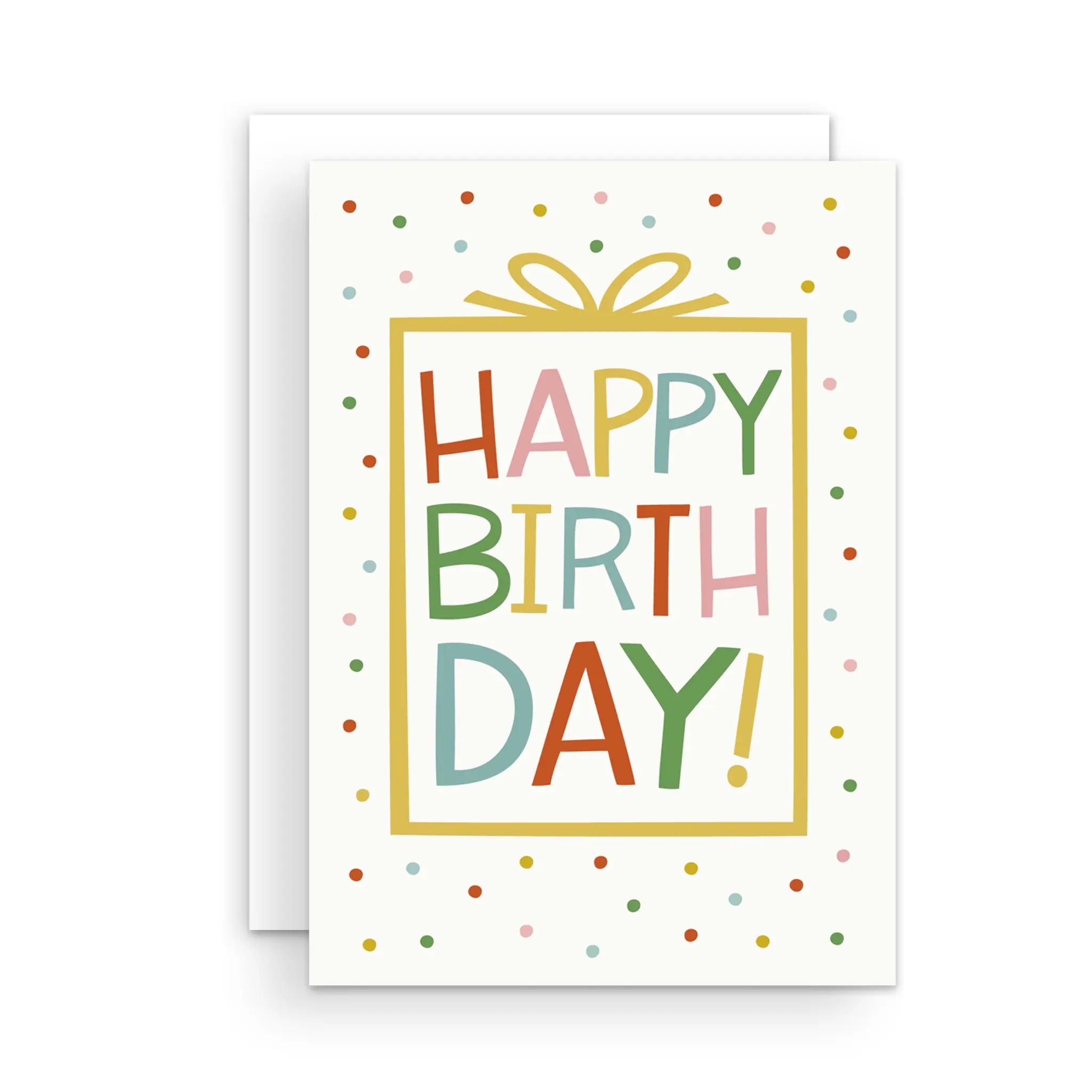 Birthday card with colorful words 'Happy Birthday!' inside a line drawing of a birthday present surrounded by colourful confetti.