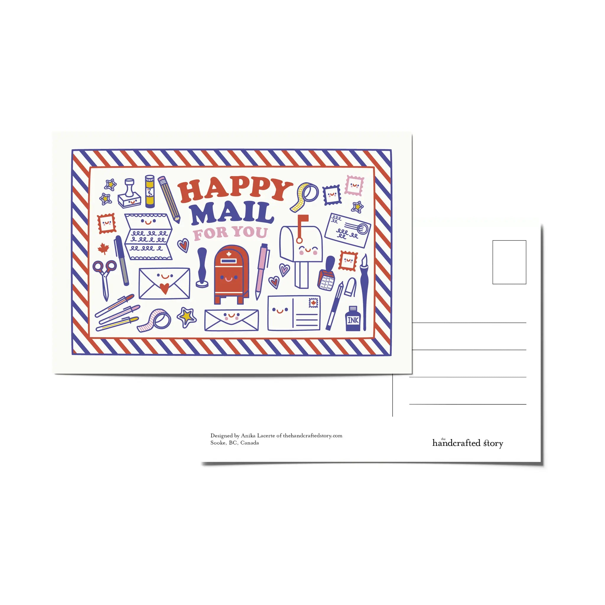 Postcard with 'Happy Mail for You' design featuring mail-related illustrations including stamps, letters, pens and pencils, a mailbox, scissors, calligraphy pen, and washi tape.