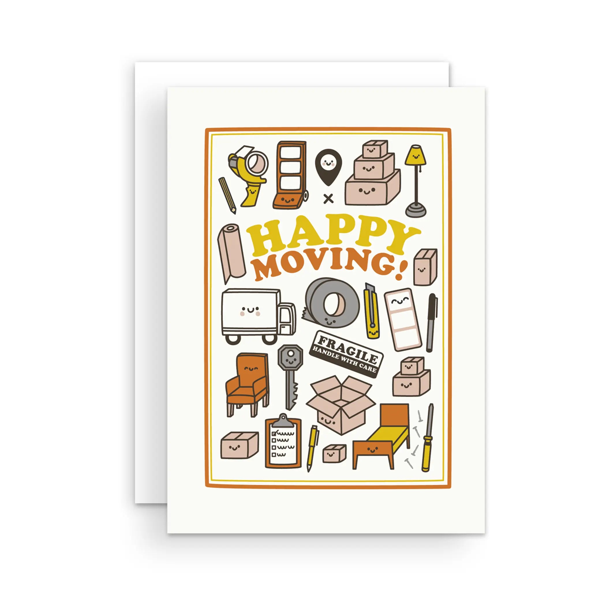 'Happy Moving!' greeting card with cute illustrations of items related to moving to a new home including cardboard boxes, a moving truck, tape, labels, furniture and a key.