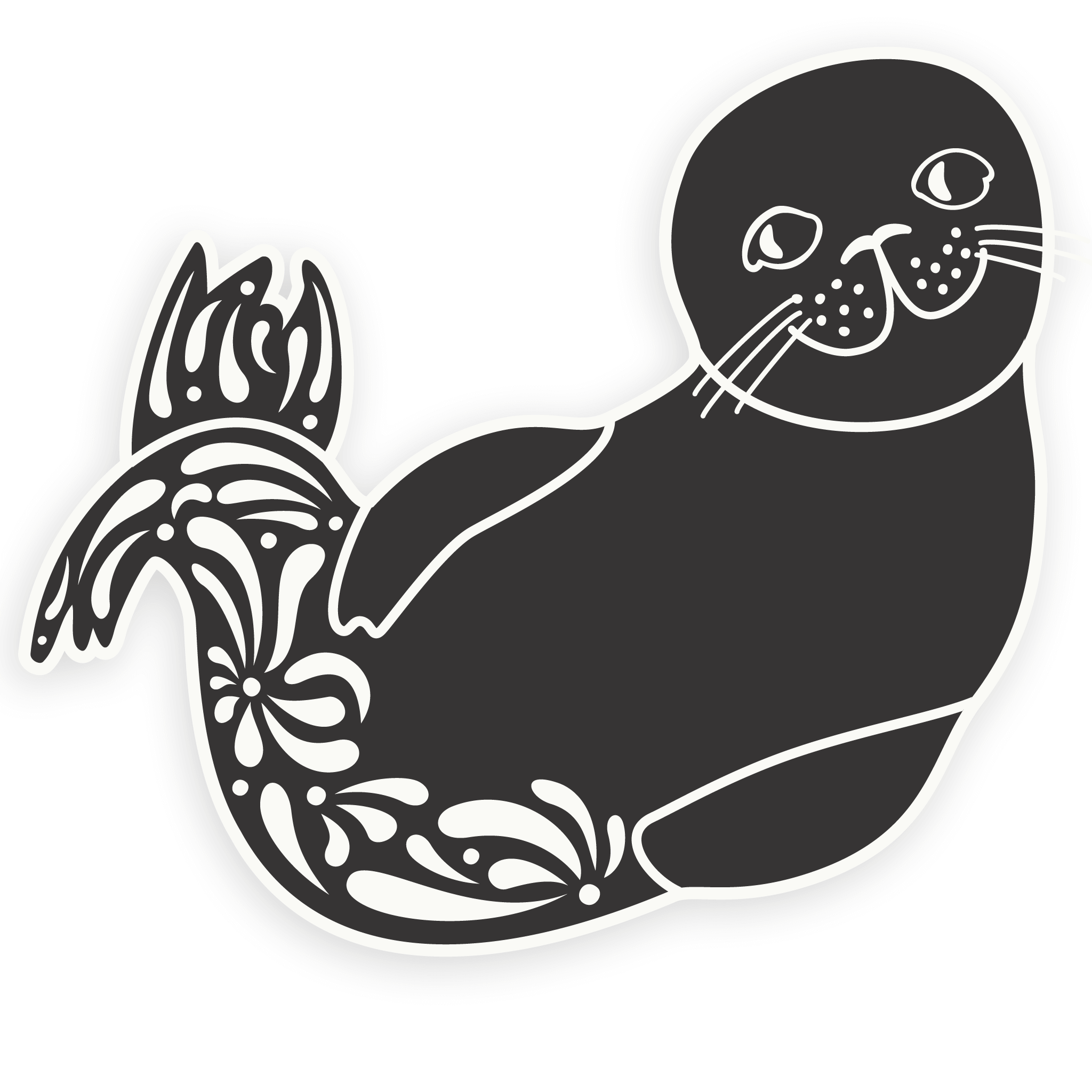 Adorable vinyl sticker featuring a happy harbour seal with whimsical accents. This 3 inch black and white vinyl sticker is designed by BC artist The Handcrafted Story.