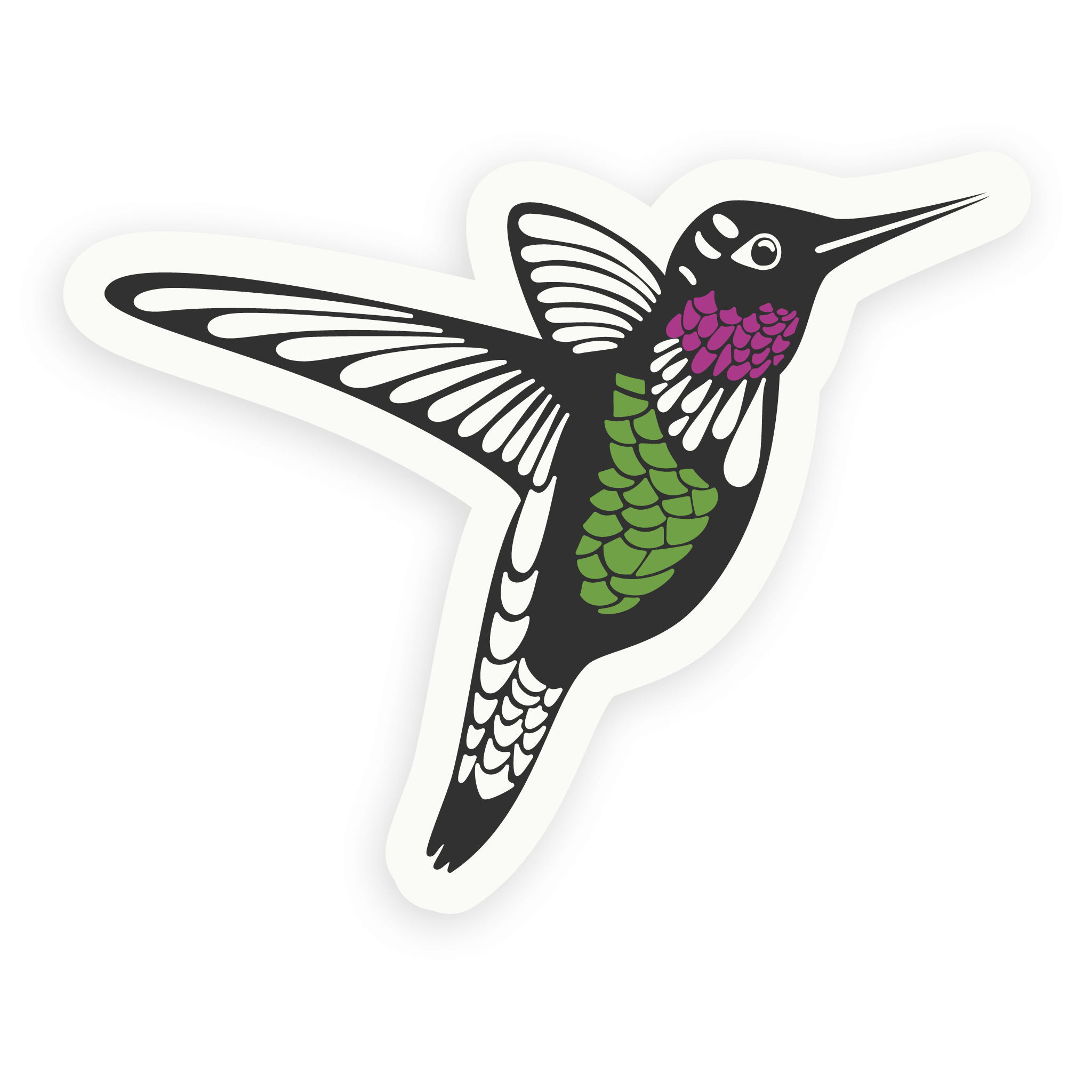 Hummingbird sticker with whimsical vector design of ruby throated hummingbird bird in flight.