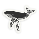 Humpback whale black and white sticker with whimsical vector illustration.