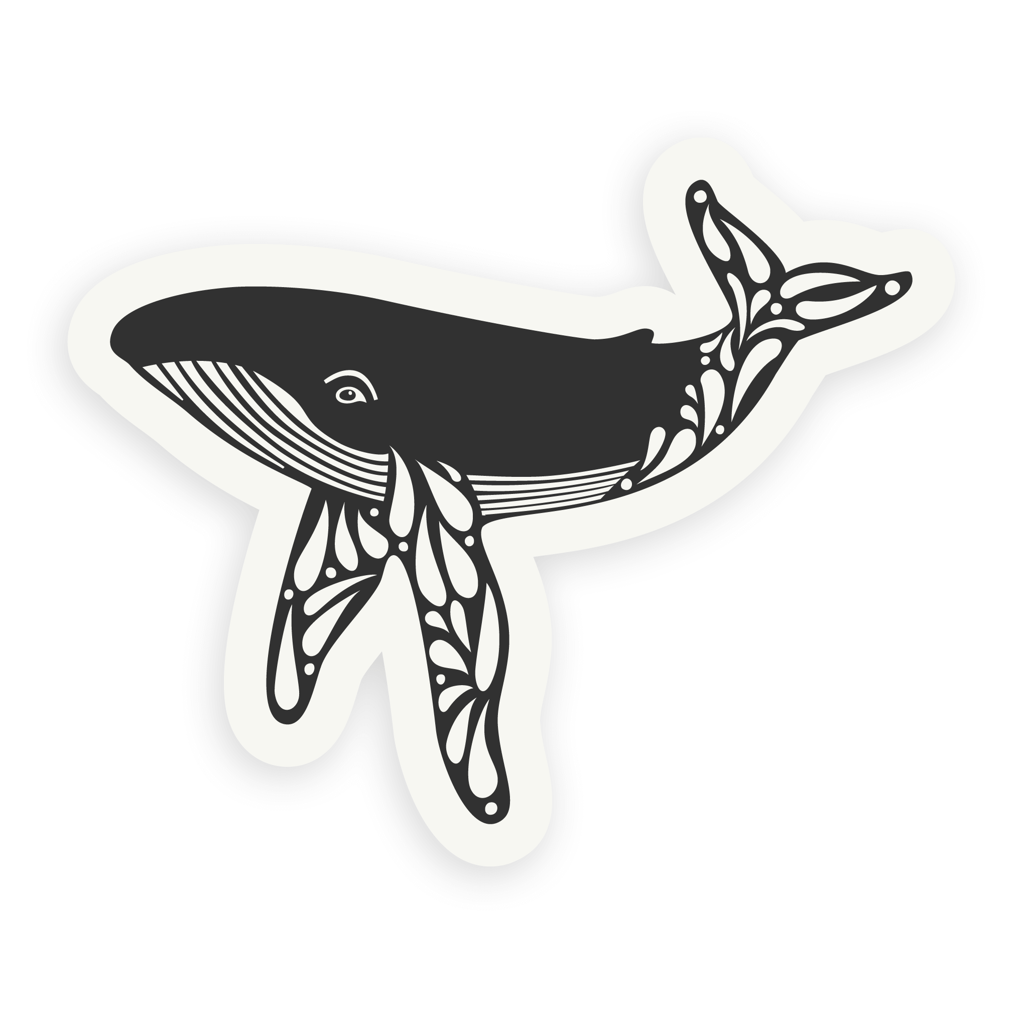 Humpback whale black and white sticker with whimsical vector illustration.