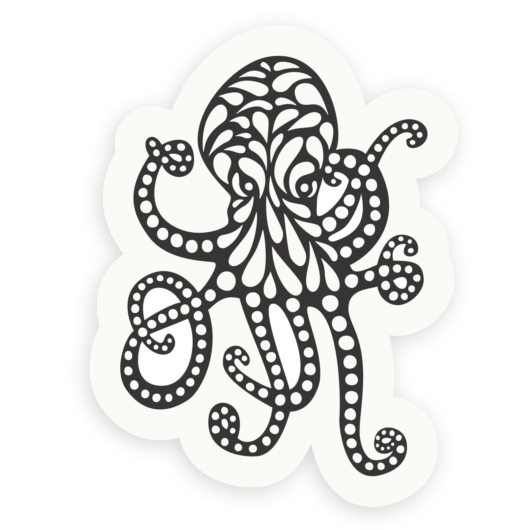 3 inch, black and white octopus sticker with a whimsical design by Vancouver Island artist The Handcrafted Story.