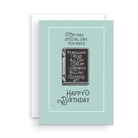 Sticker card that says "On this special day, you have" and then there is a vector drawing of a book that says "Permission to read all day and dream of libraries with rolling ladders" and then the card continues to say "Happy birthday".