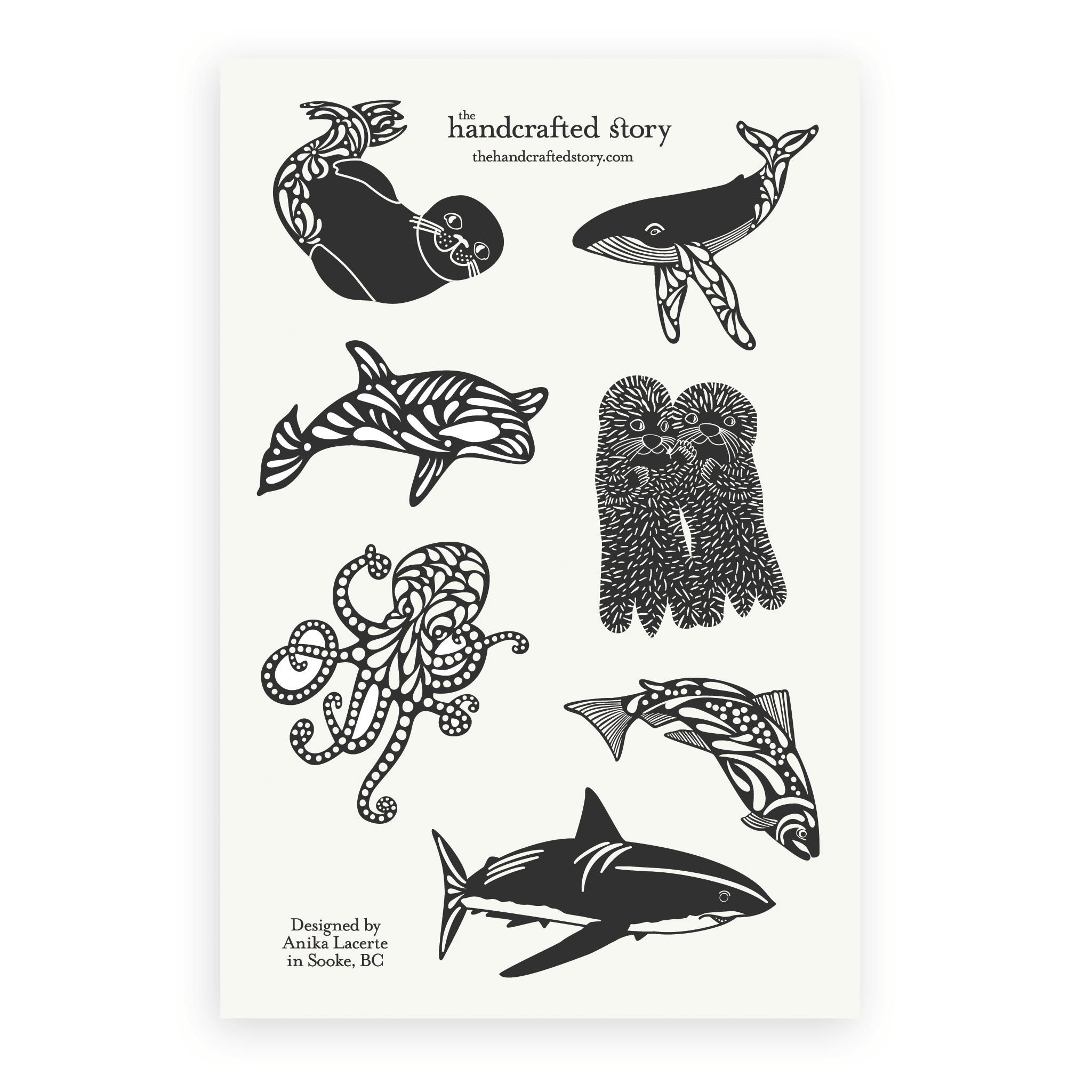 Sea Animals sticker sheet with seven whimsical animal stickers all in black and white on a 4"x6" sticker sheet. The stickers included are harbour seal, orca, octopus, shark, salmon, sea otters and humpback whale.