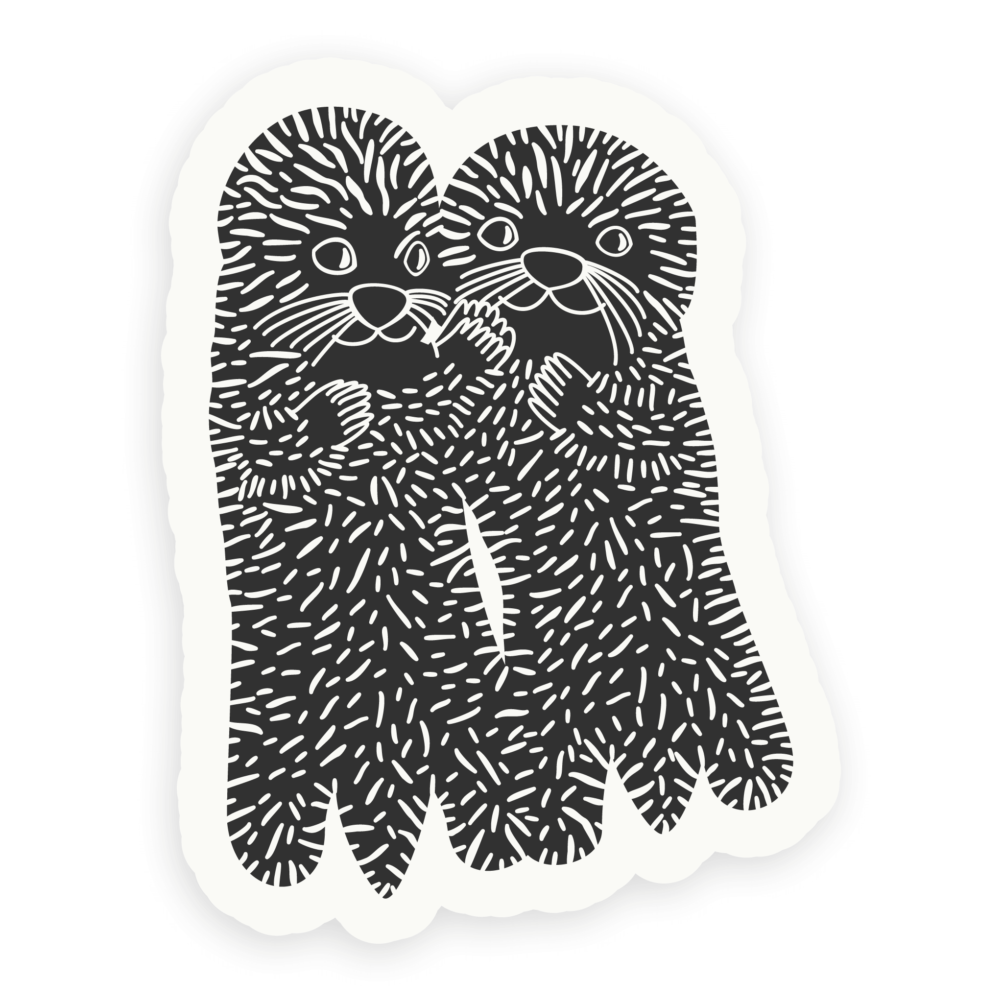 Sea otters sticker, featuring two cute, black and white, vector illustrated sea otters holding paws.