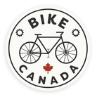 Bike sticker with a black and white line drawing of a bicycle and the words "Bike Canada" with a small red maple leaf on a white background.