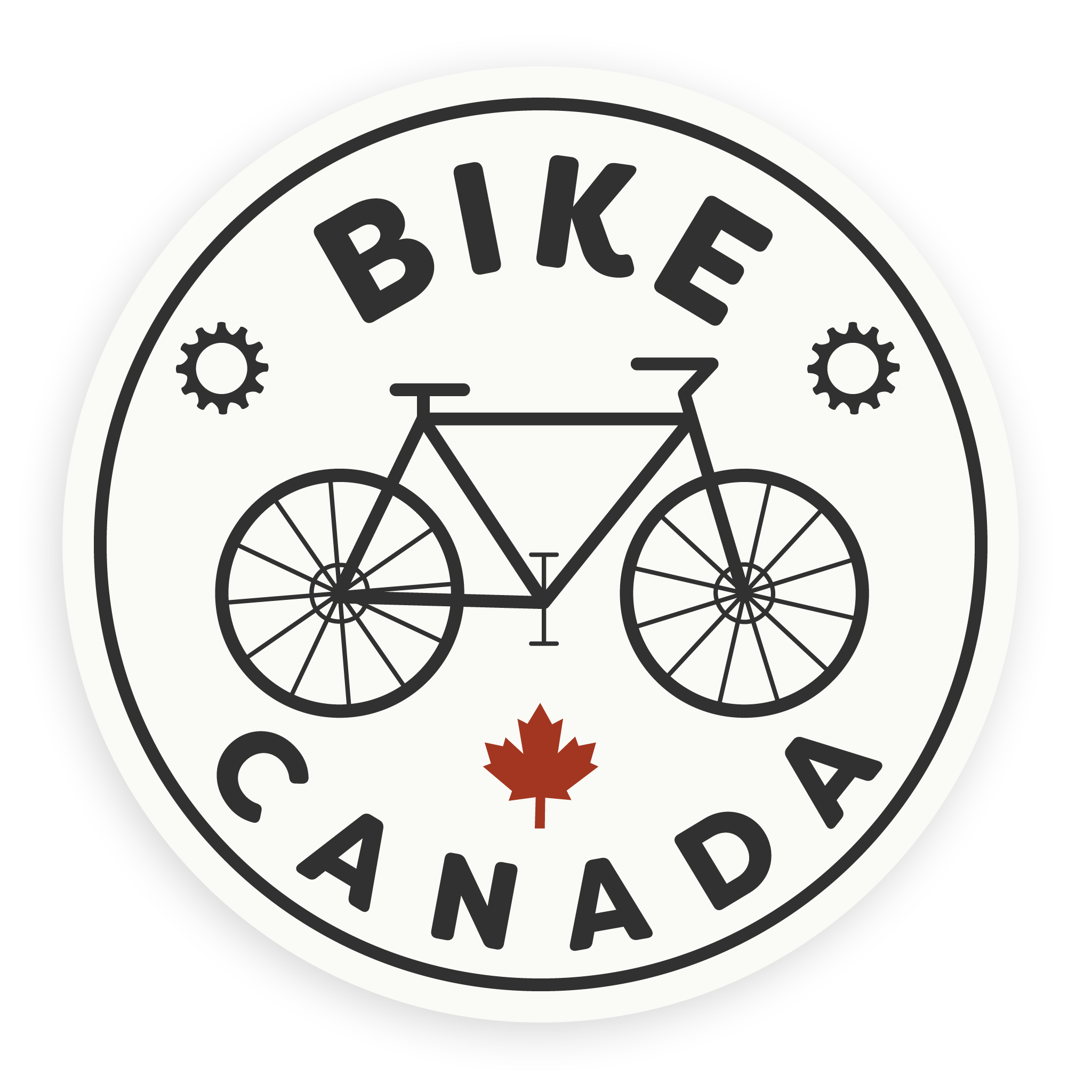 Bike sticker with a black and white line drawing of a bicycle and the words "Bike Canada" with a small red maple leaf on a white background.