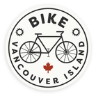 Bicycle sticker a black and white line drawing of a bike and the words 'Bike Vancouver Island' on a white background with a small red maple leaf.