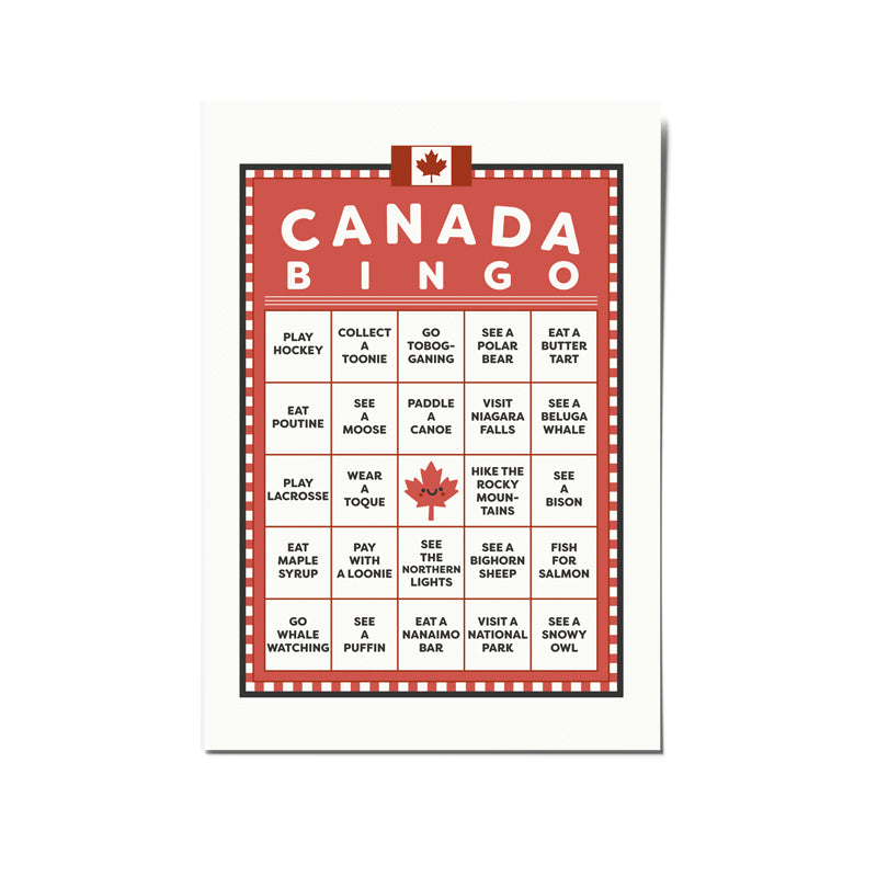 Red and white Canada Bingo postcard with Canada flag and cute maple leaf drawing.