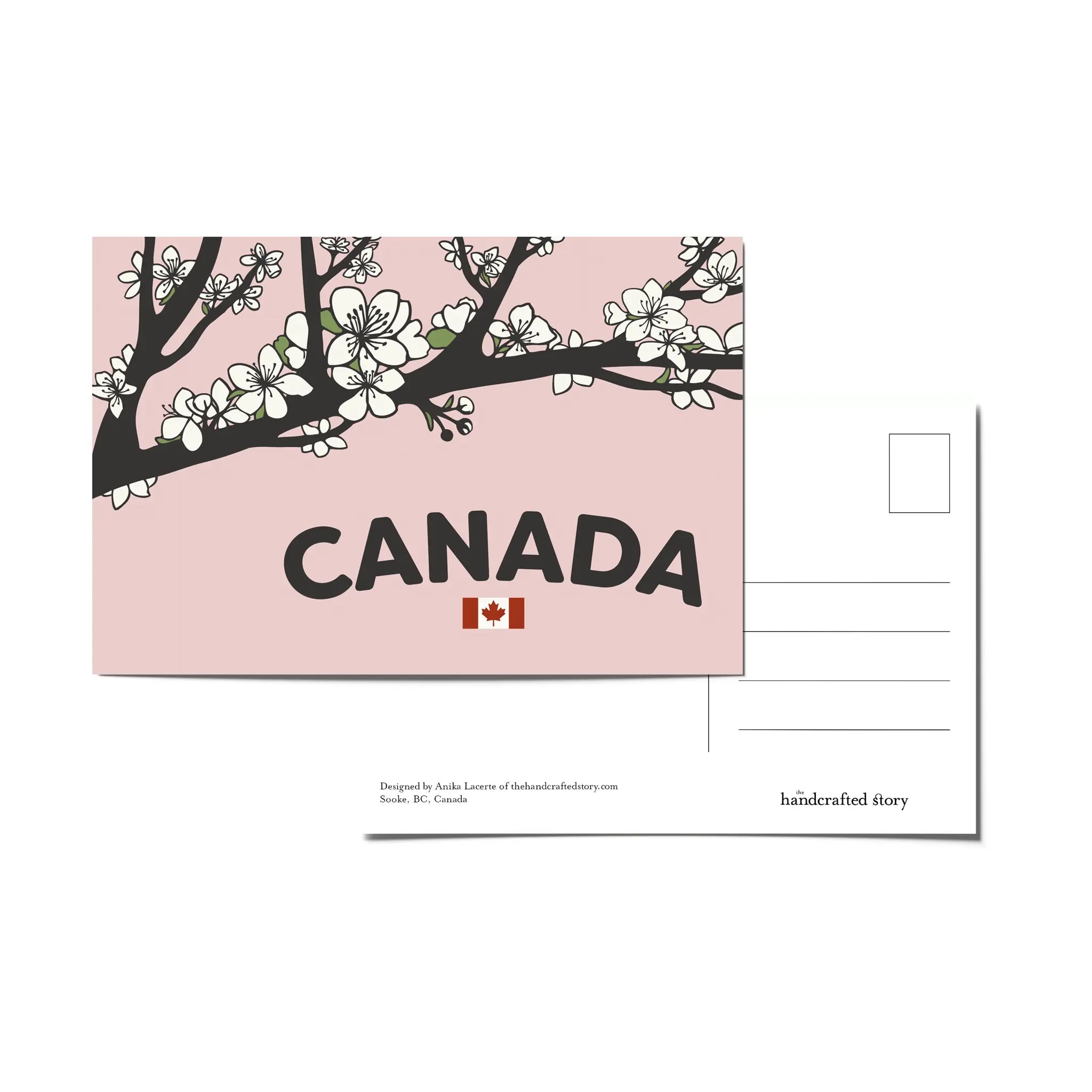 Canada postcard with an illustrattion of a cherry blossom branch and the word 'Canada' with a Canadian flag on a pink background.