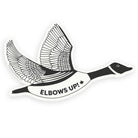 Canada magnet of an illustrated black and white Canada goose flying with the phrase 'ELBOWS UP!' and a maple leaf on a white background.