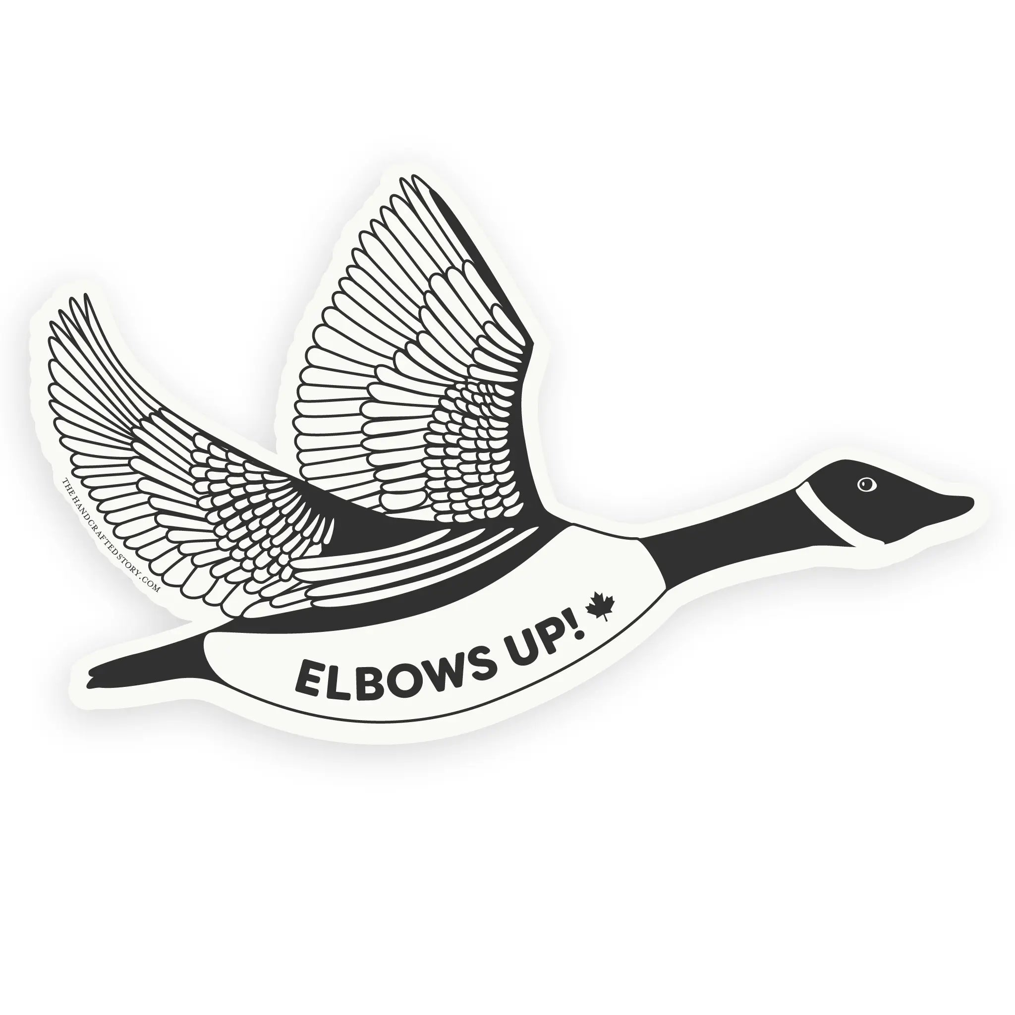 Canada magnet of an illustrated black and white Canada goose flying with the phrase 'ELBOWS UP!' and a maple leaf on a white background.