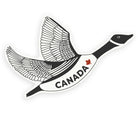 Canada sticker illustration of a black and white Canada goose flying with the word 'Canada' and a red maple leaf.