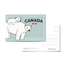 Canada postcard with illustrated polar bear mama and cub, the word 'Canada', a red and white Canadian flag, and the words 'from sea to sea to sea' on a light blue background.