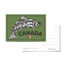 Canada postcard with an illustrated black and white salmon, the word 'Canada' and a red and white Canadian flag on a green background.