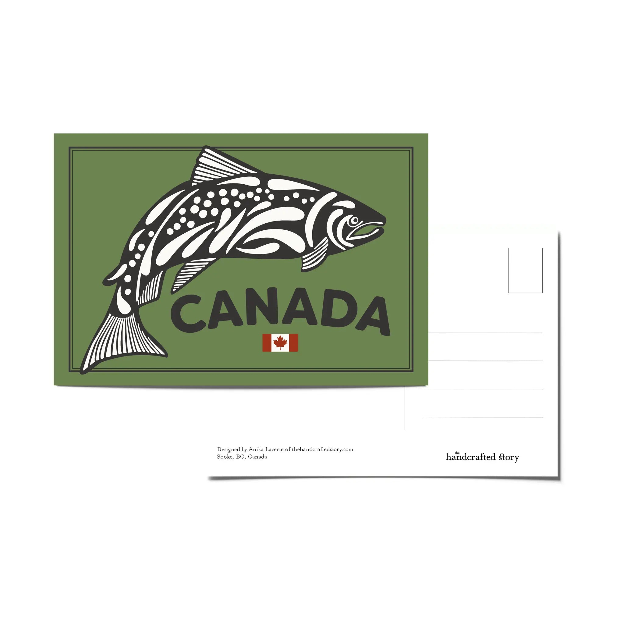 Canada postcard with an illustrated black and white salmon, the word 'Canada' and a red and white Canadian flag on a green background.