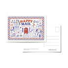 Postcard with 'Happy Mail for You' design featuring mail-related illustrations including stamps, letters, pens and pencils, a mailbox, scissors, calligraphy pen, and washi tape.