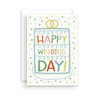 Wedding card with colourful letters saying 'Happy Wedding Day!' on a fun drawing of a wedding cake with two yellow rings on top, surrounded by colourful confetti.