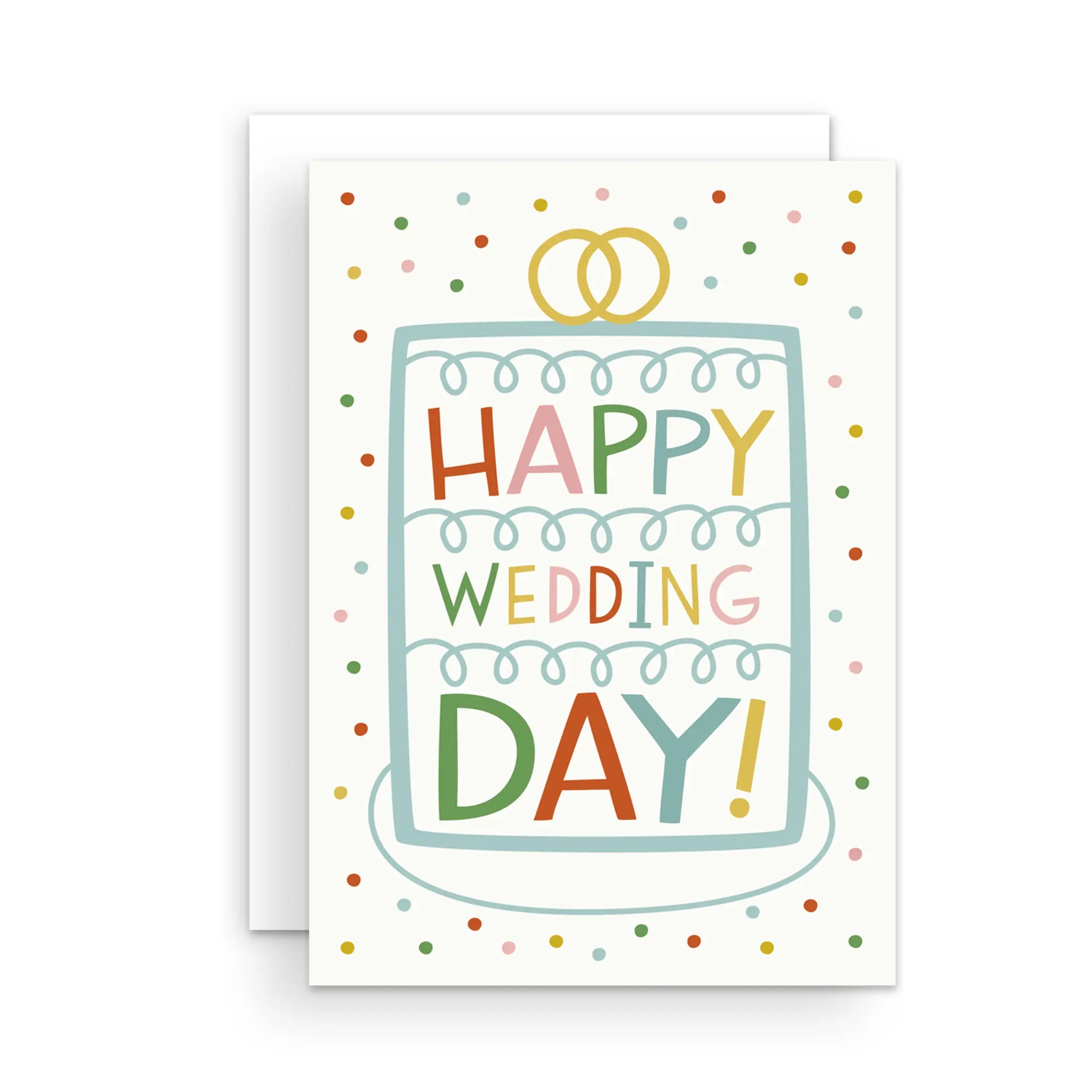 Wedding card with colourful letters saying 'Happy Wedding Day!' on a fun drawing of a wedding cake with two yellow rings on top, surrounded by colourful confetti.