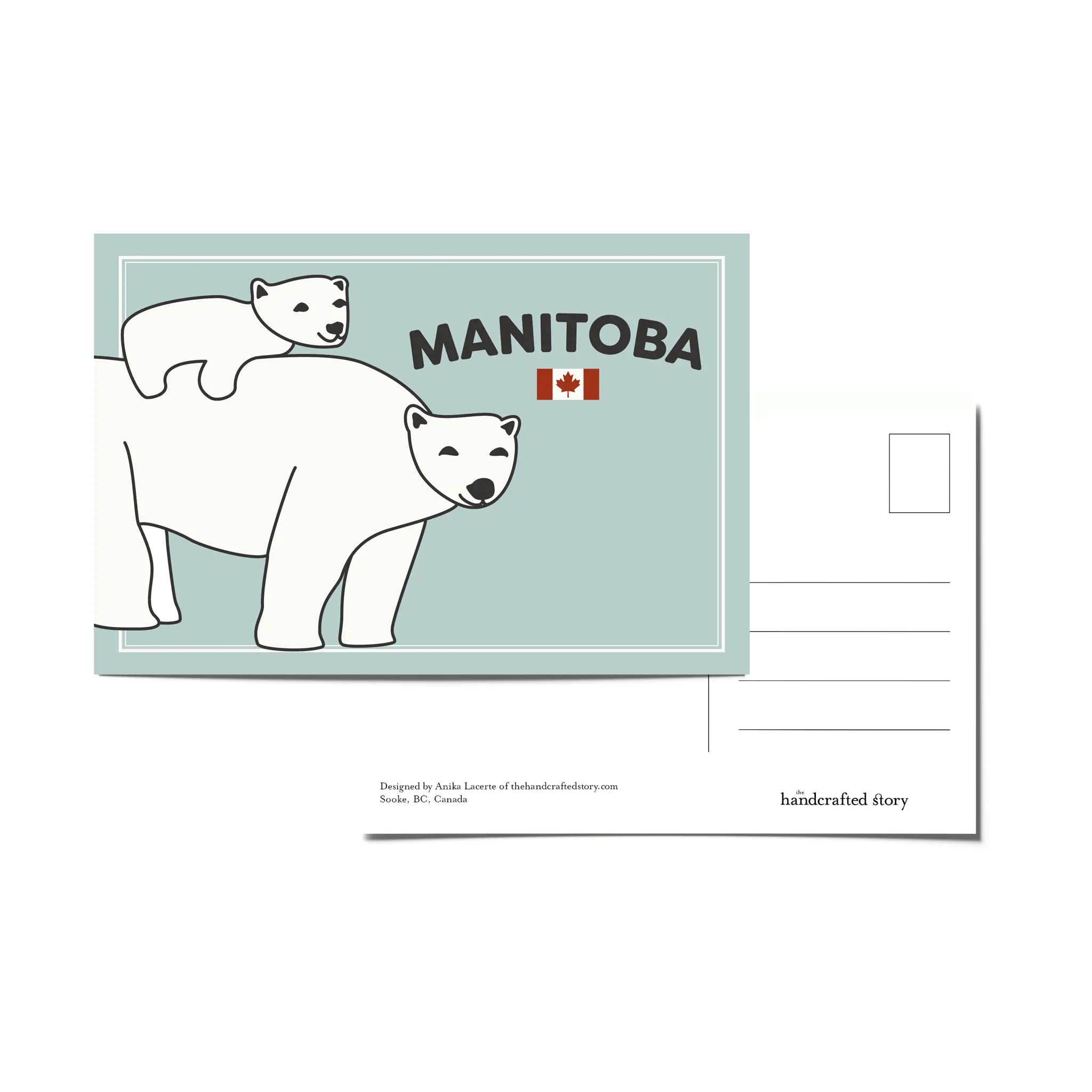 Manitoba postcard with an illustration of a polar bear mama and cub riding on her back, and the word 'Manitoba', and a Canada flag on a light blue background. Manitoba is a province in Canada.